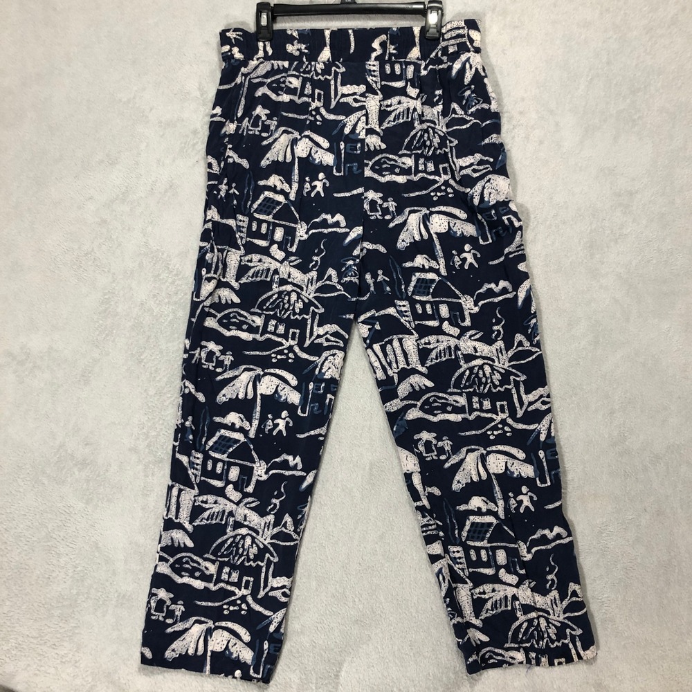 Island Print Pants High Waist Tapered Casual Trousers Blue Size‎ Large